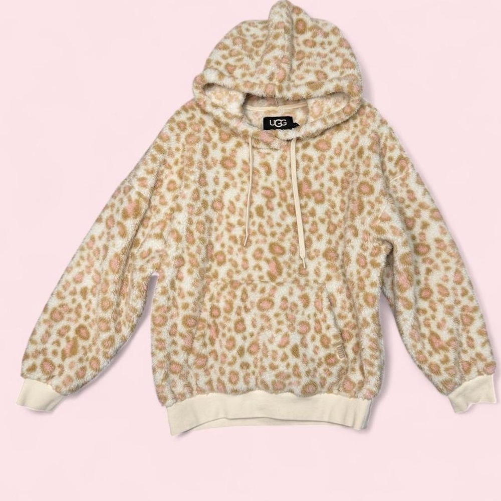 UGG Loyra Sherpa Hoodie S Pink Cream Leopard Animal Print Plush Fleece Authentic